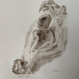 Tableau signé aquarelle monochrome sépia étude de la statue « le baiser de Rodin »