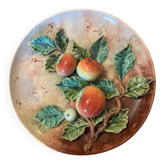 Plat aux 3 pommes en trompe l'oeil avec feuillage, barbotine art déco n° 15