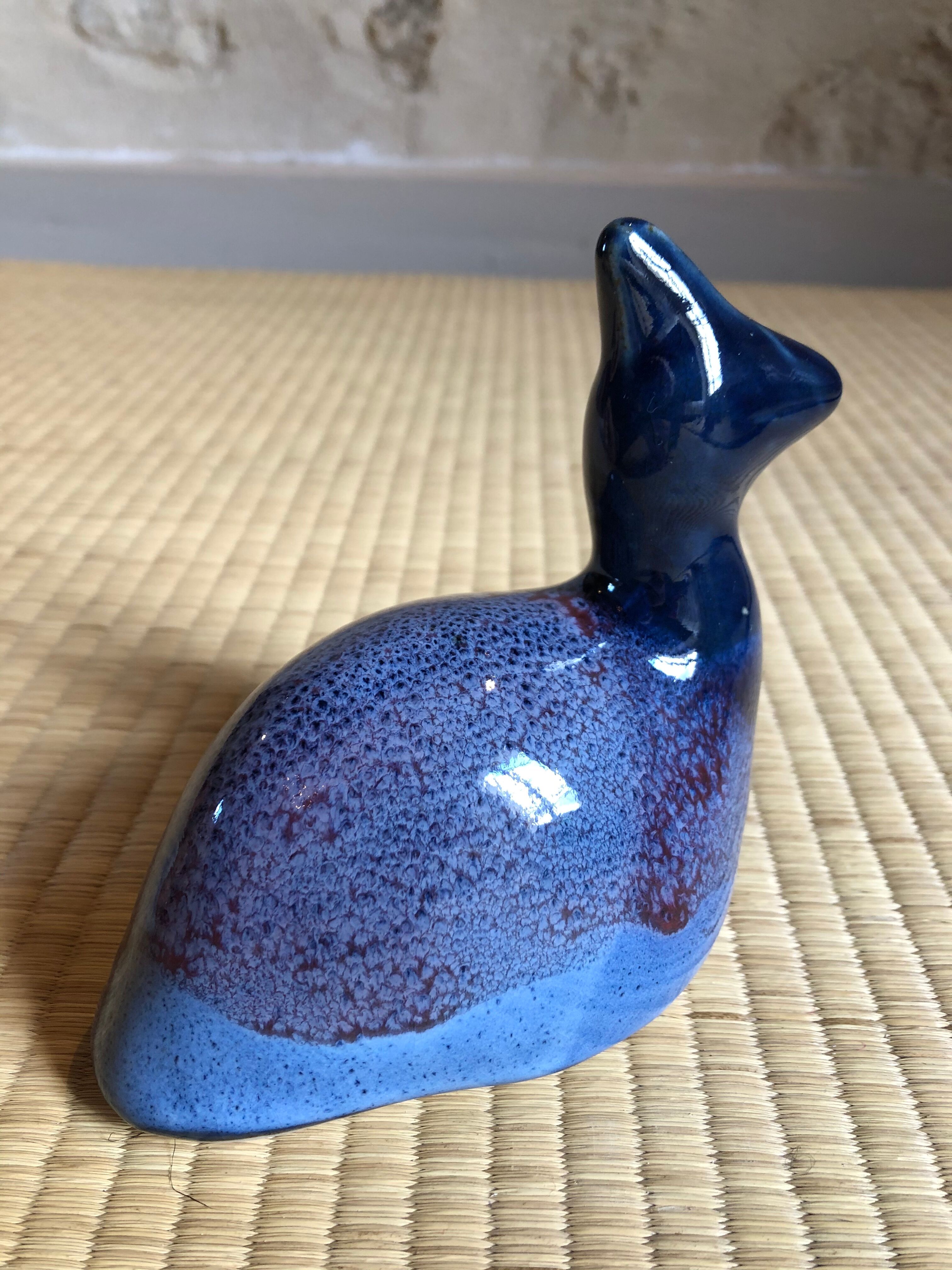 Ceramic animal figurine, pretty bluish enamel