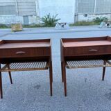 Modernist Danish teak bedside tables with rattan shelves, set of 2