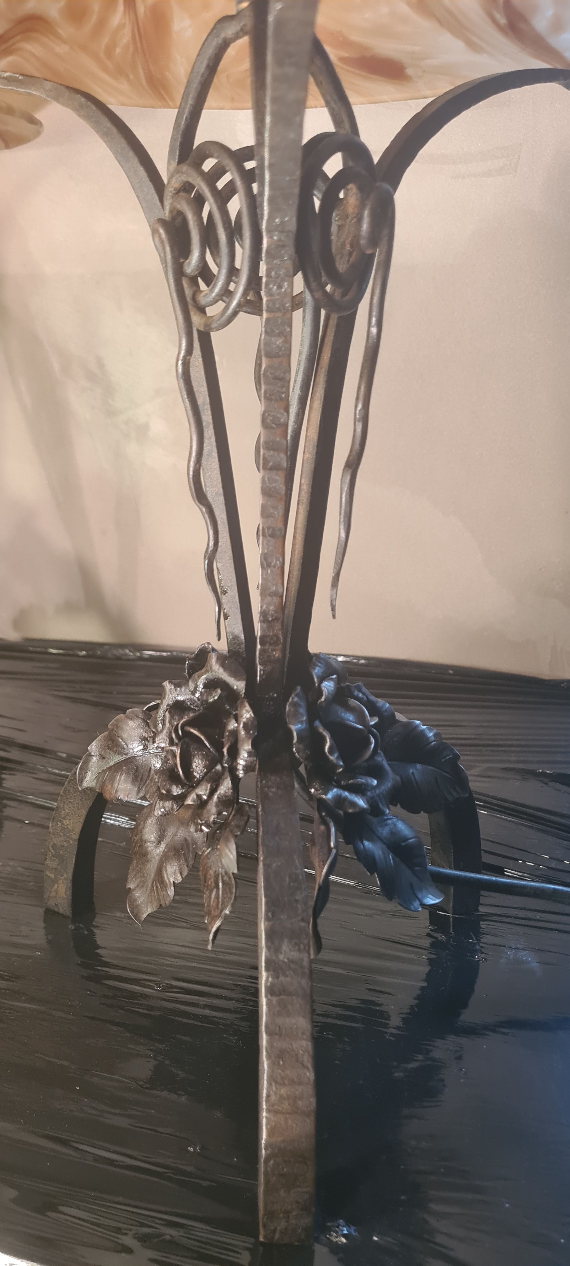 Pair of art nouveau wrought iron lamps with marbled glass paste 42x25