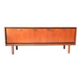 Scandinavian teak enfilade in brown, 4 doors, 1960s lines, floating legs.