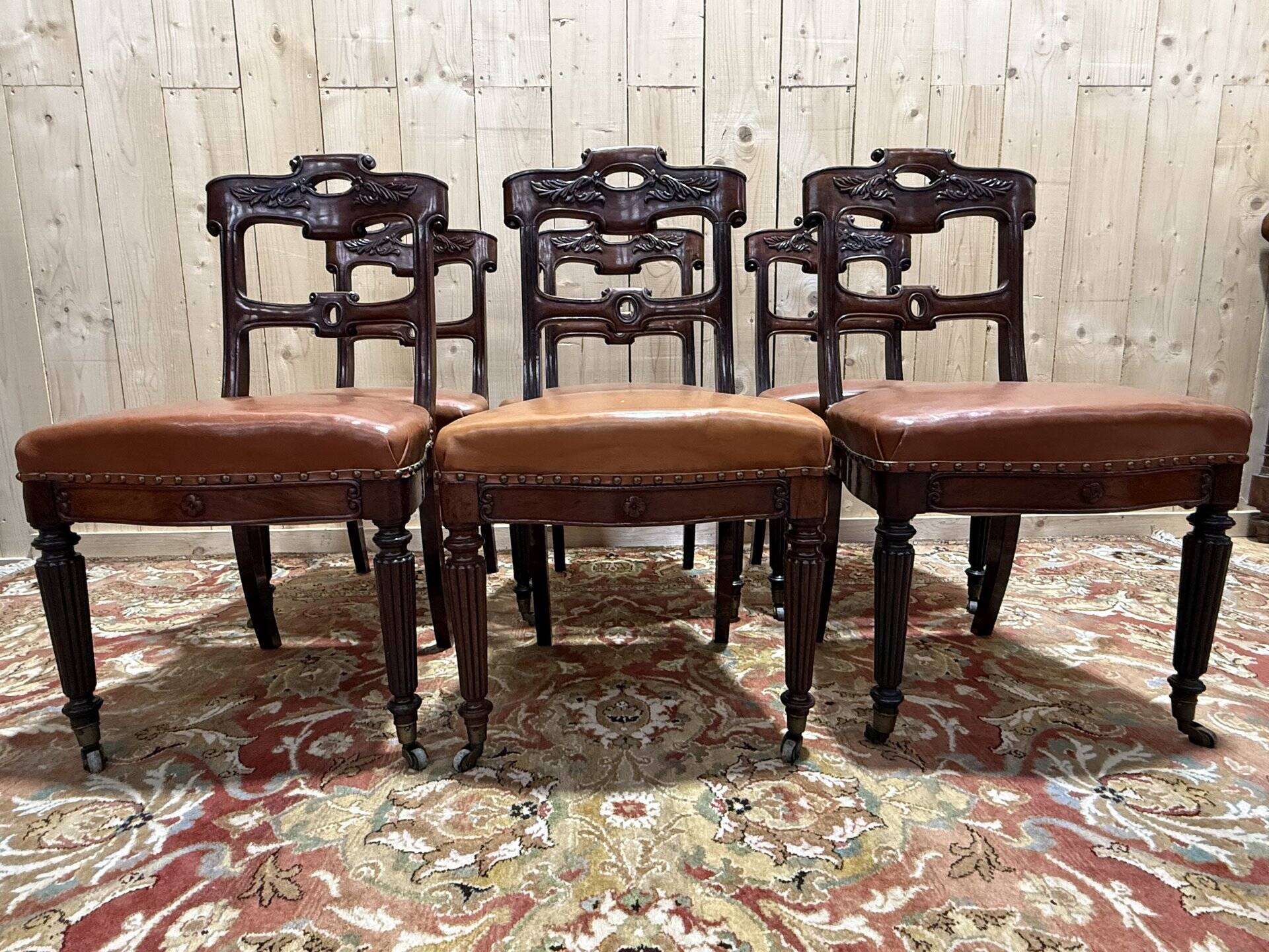Set of 6 Napoleon III period chairs in mahogany and leather