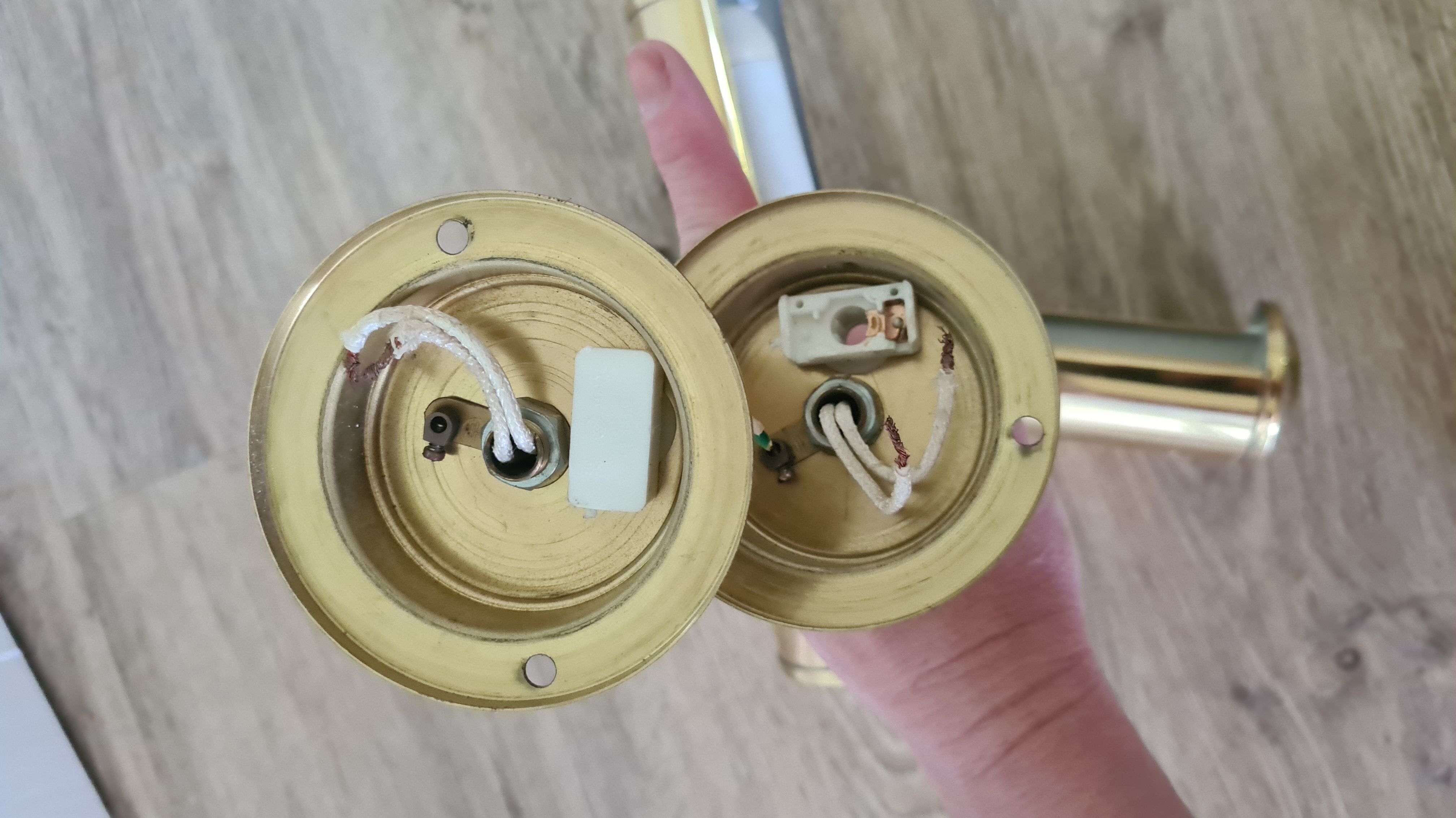 Old pair of gilded brass wall sconces / night lights from the 70s