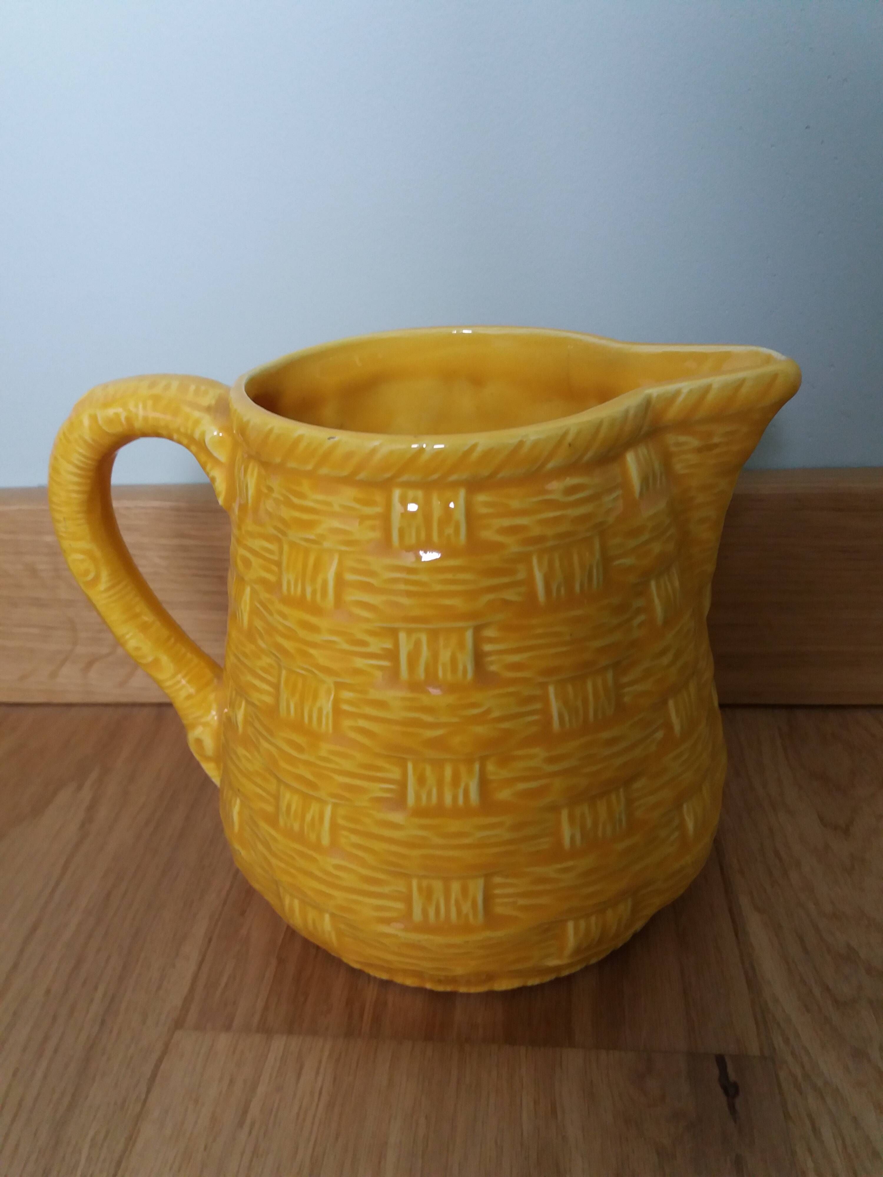 Digoin Sarreguemines barbotine pitcher with wicker decor