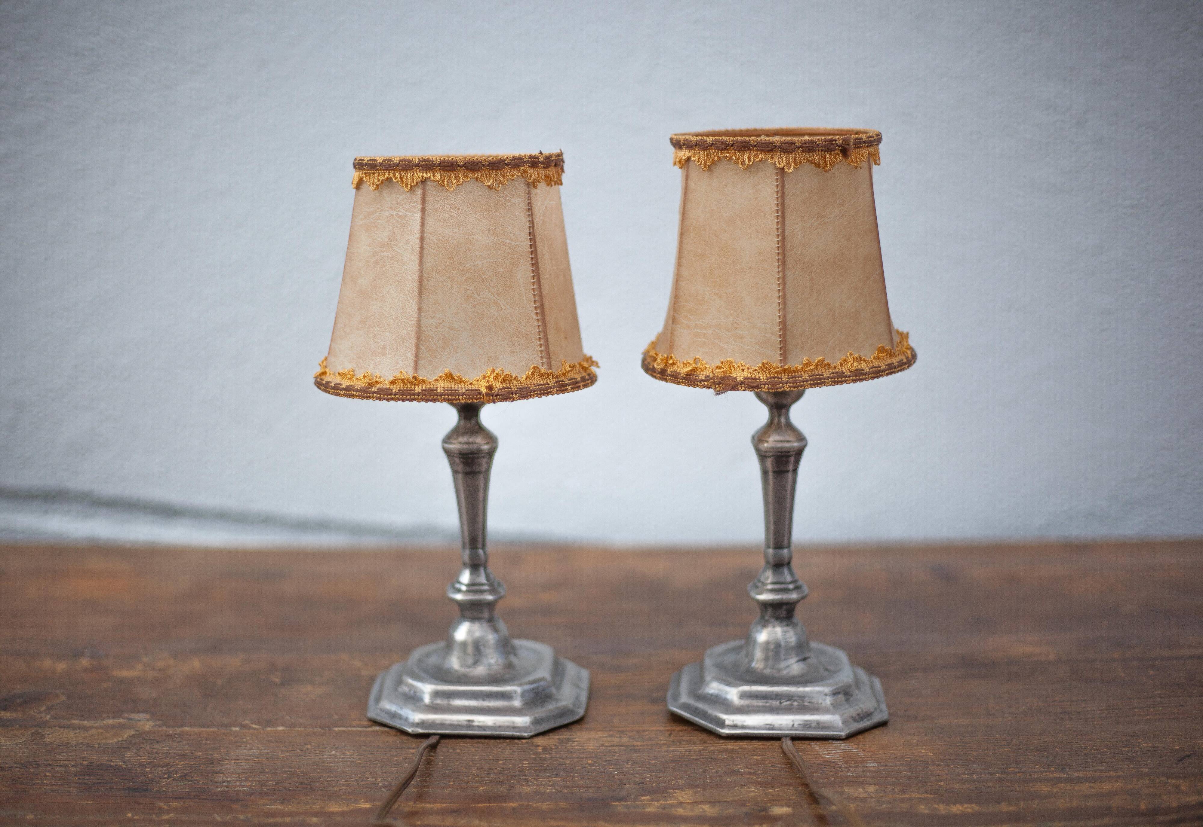 Vintage lamp pair, bedside lamp, tin lamp stand with lampshade, interior décor