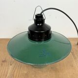 Industrial bakelite green enamel pendant light with ribbed glass, 1970s