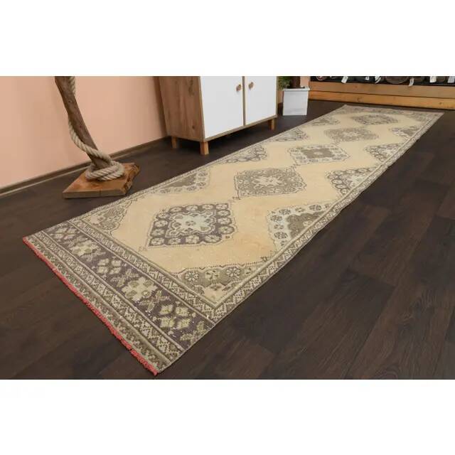 1970s Vintage Turkish Hand-Knotted Wool Cotton Orange Runner Rug 100x360