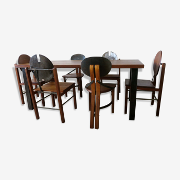 Mid century solid teak and tarnished steel dining table and 6 chairs