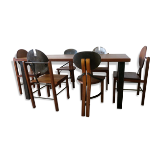 Table à manger en teck massif et acier terni du milieu du siècle et 6 chaises