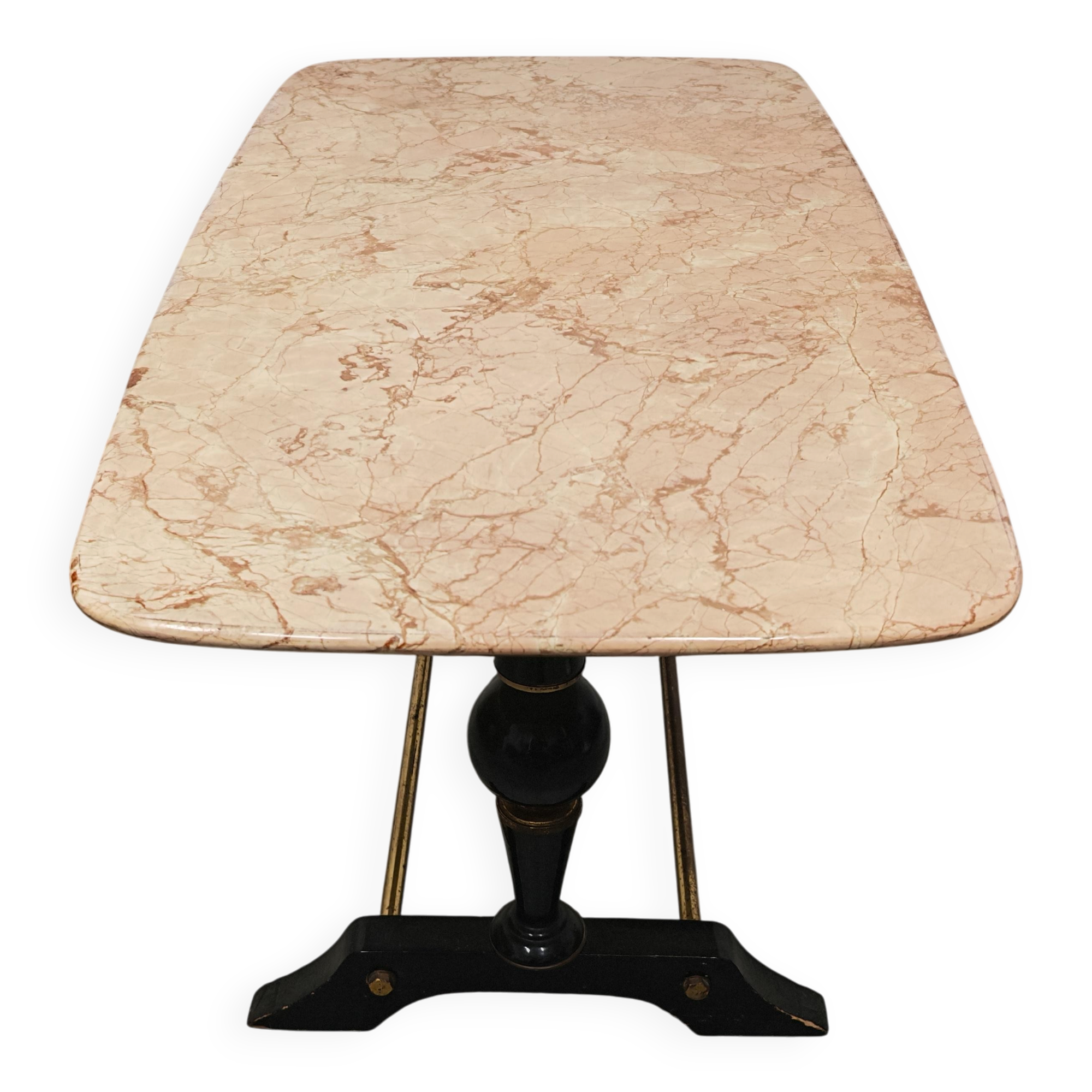 Mid-century modern coffee table in marble, brass, and wood, 1950s.