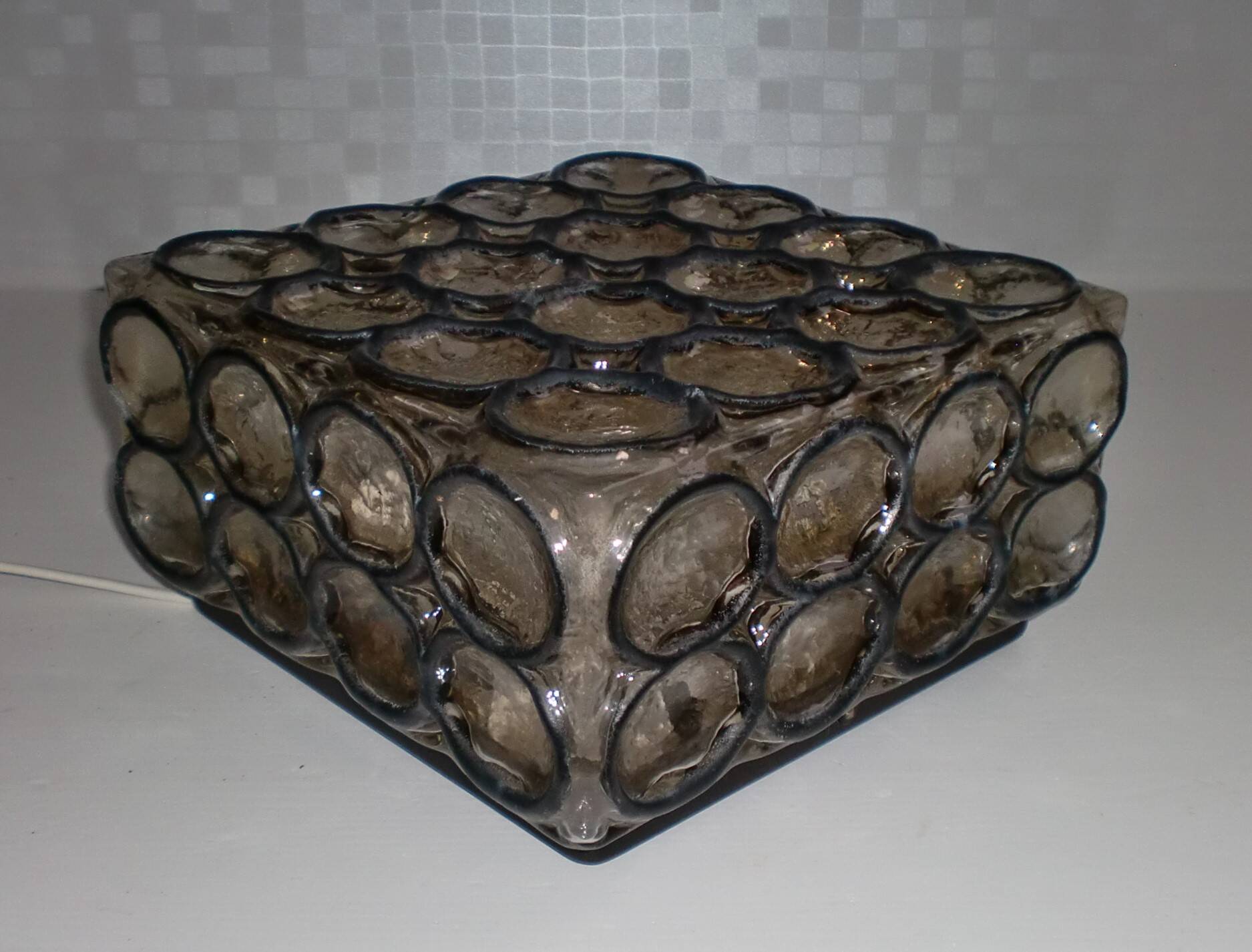 Vintage 1960s German iron ring glass ceiling lamp by Limburg