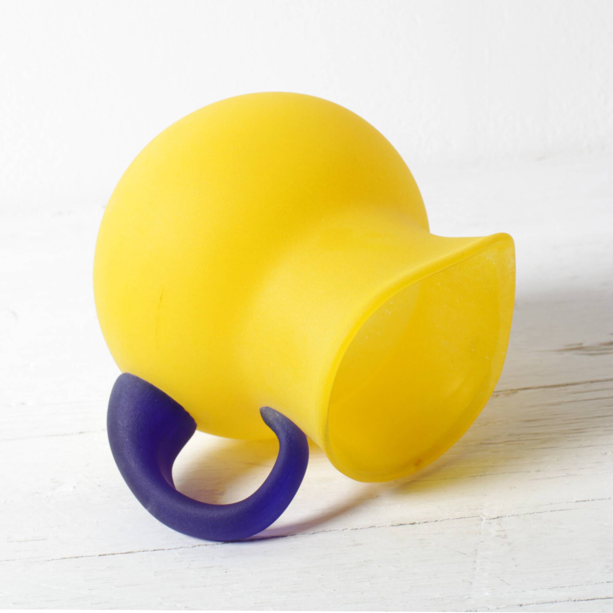 Small Vintage Frosted Glass Yellow and Blue Pitcher / Kosta Boda / Sweden /