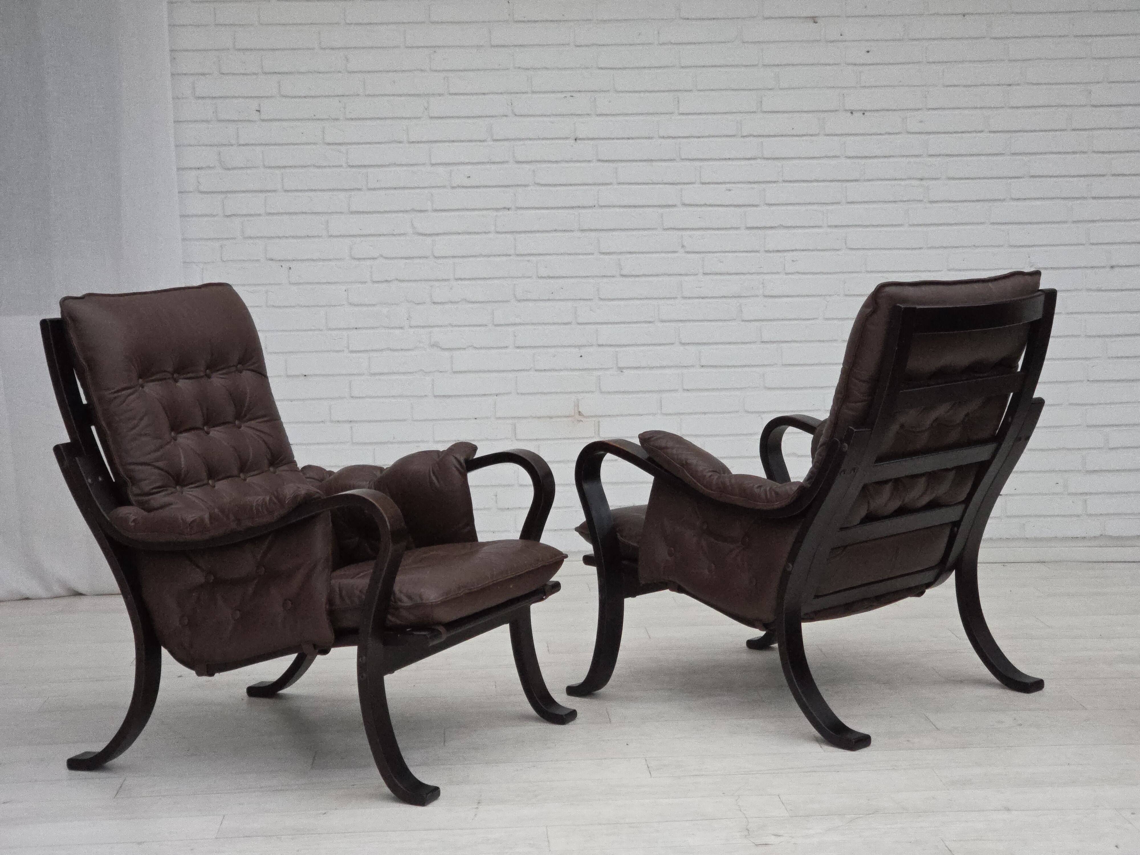 1970s, Scandinavian vintage design, armchair, brown leather, bent wood.