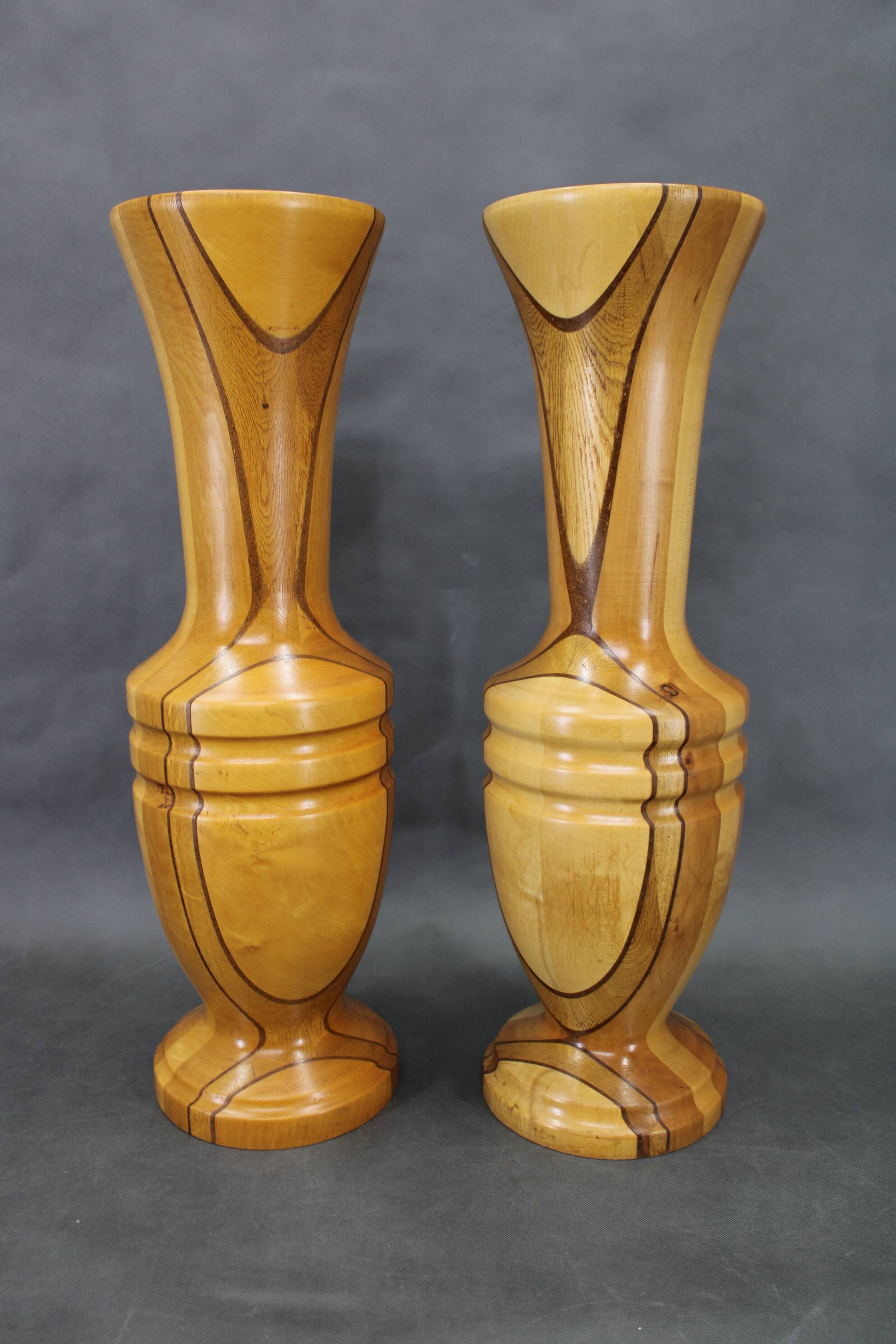 Pair of large Czechoslovakian wooden vases, mixed woods, 1960s
