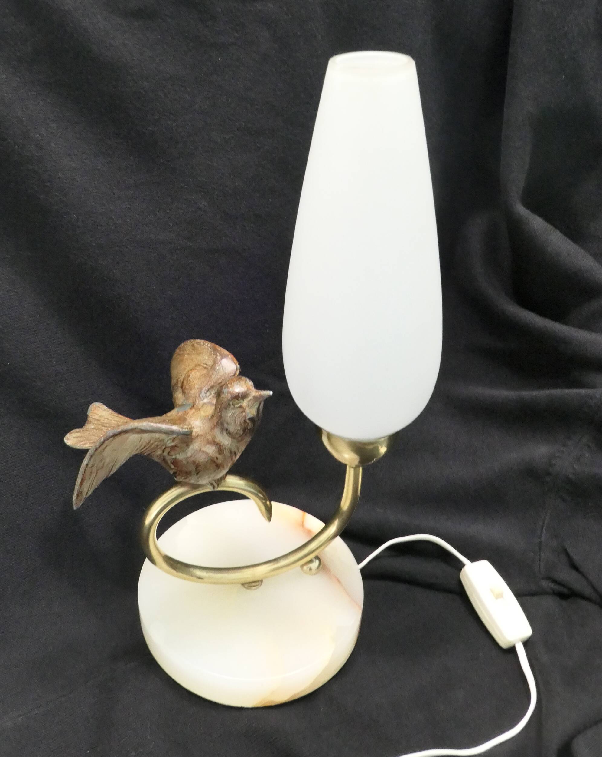 1940-50 perched bird lamp, alabaster, brass and regula