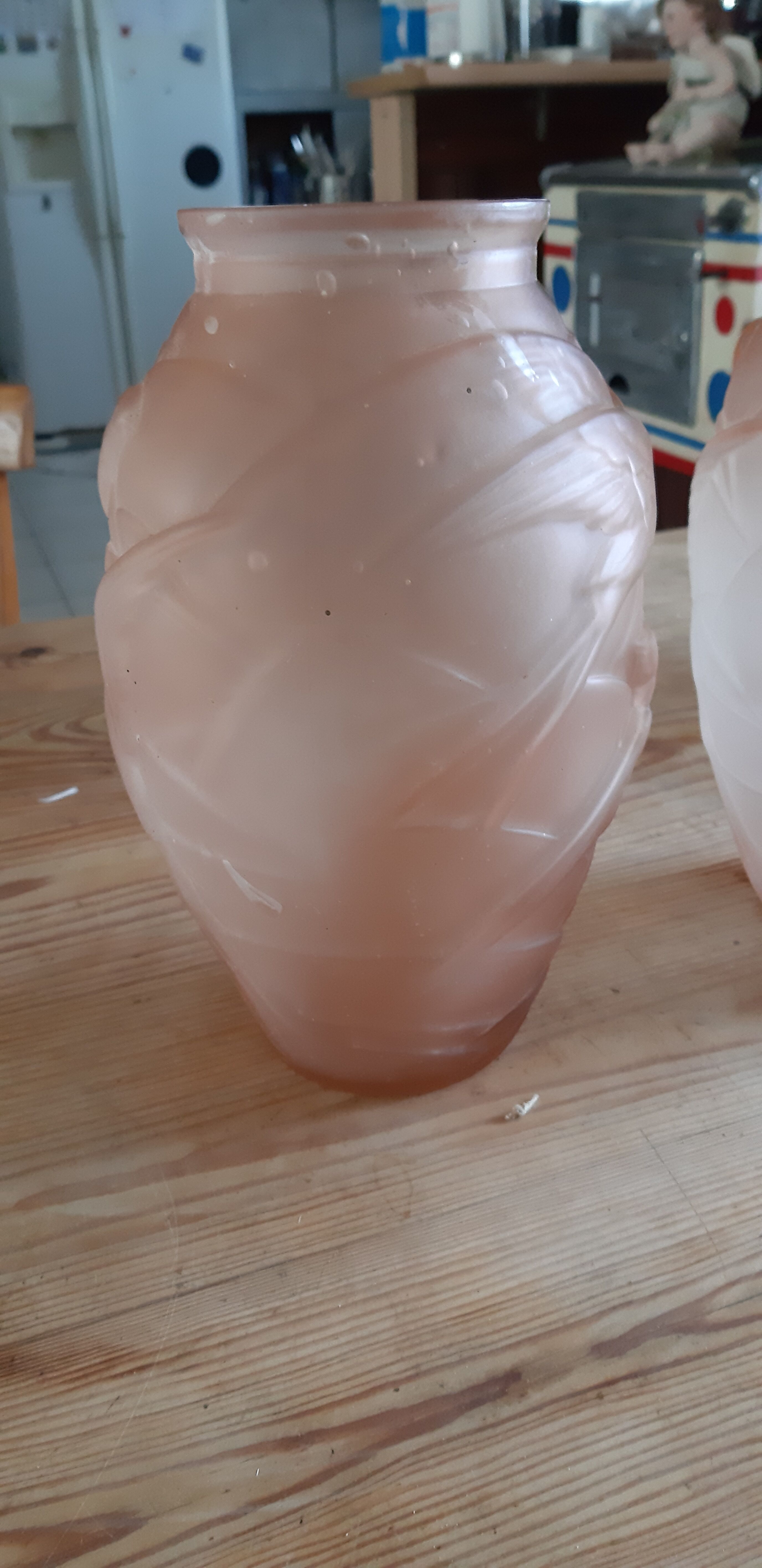 Pair of art deco vases in salmon glass signed NS