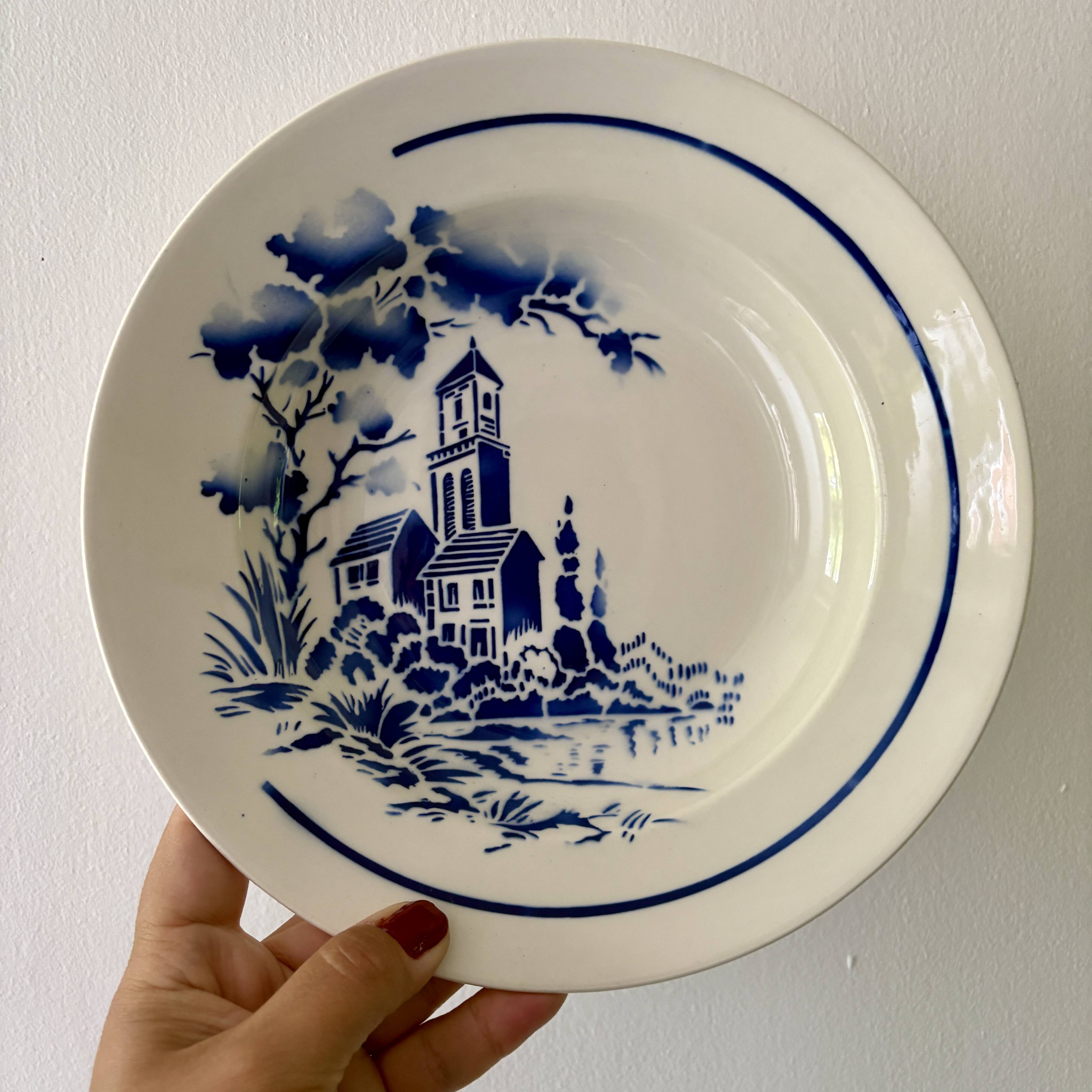 Set of 6 vintage deep plates with village decorations - Badonvillier