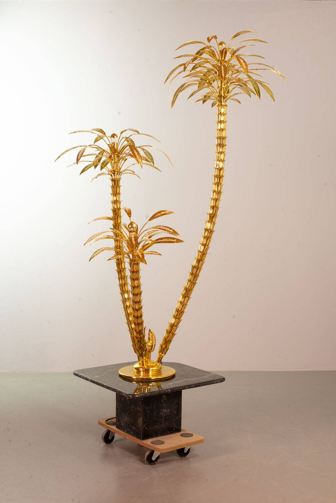 Exquisite Italian Golden Palm Tree Floor Lamp with 3 Sparkling Branches 70s