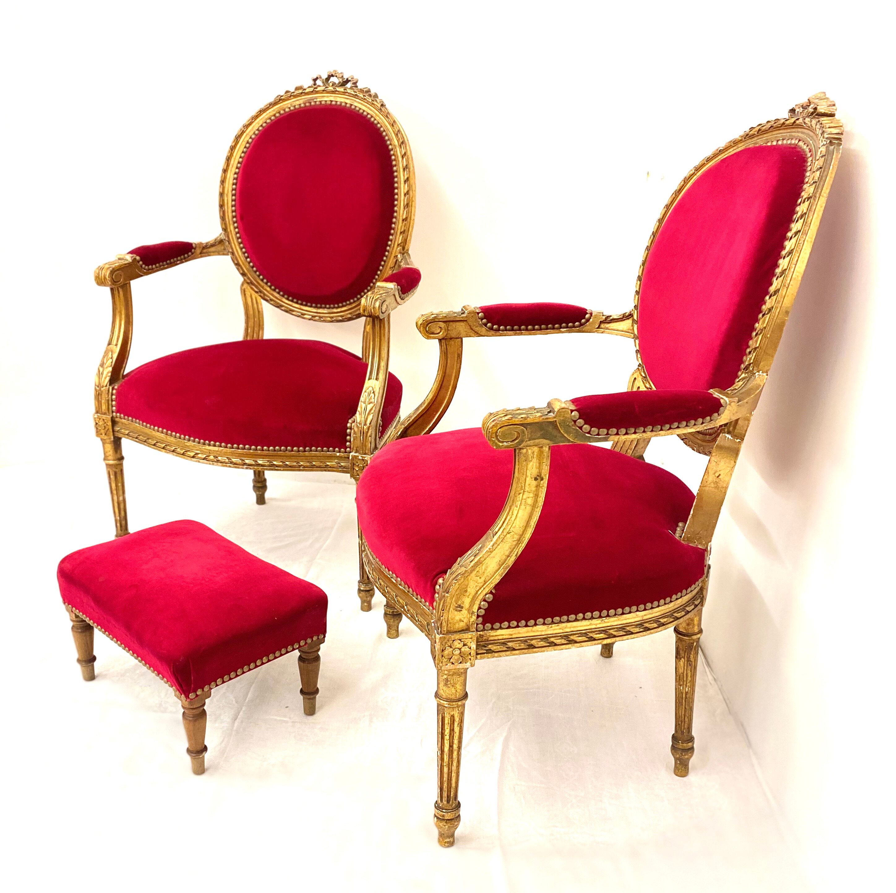 Pair of Louis XVI-style armchairs and one ottoman