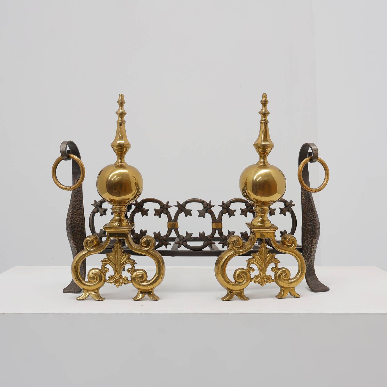Pair of French Brass Firedogs and Wrought Iron Fireplace Grate, 20th Centur