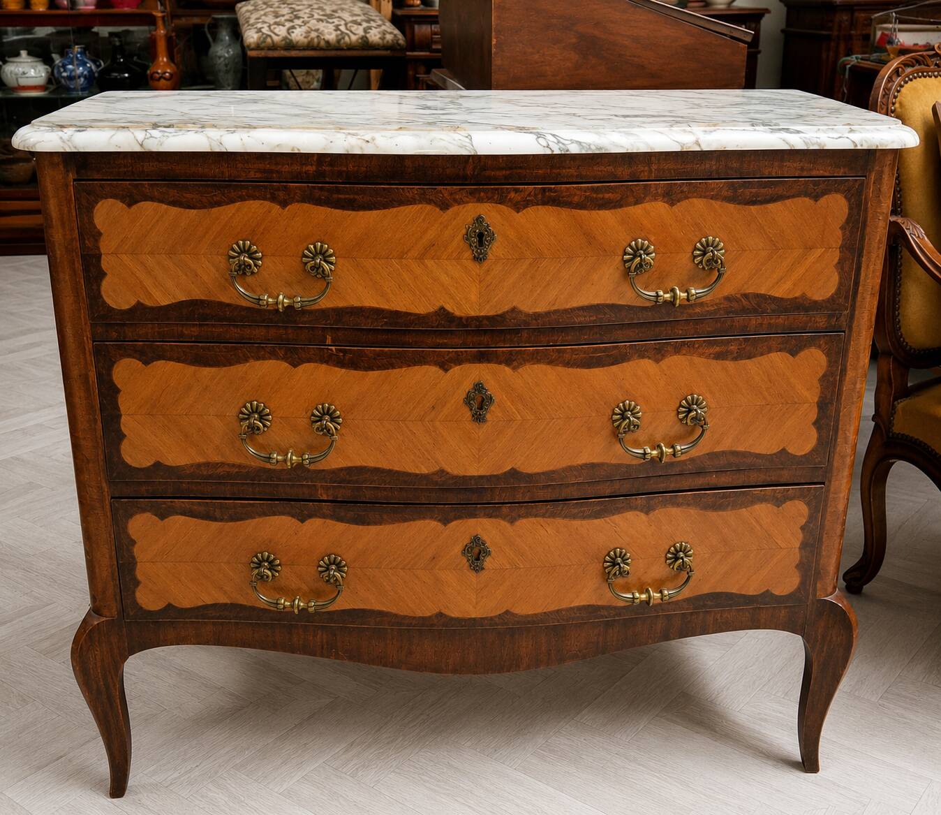 Curved Louis XV commode in marquetry – marble top – 19th century