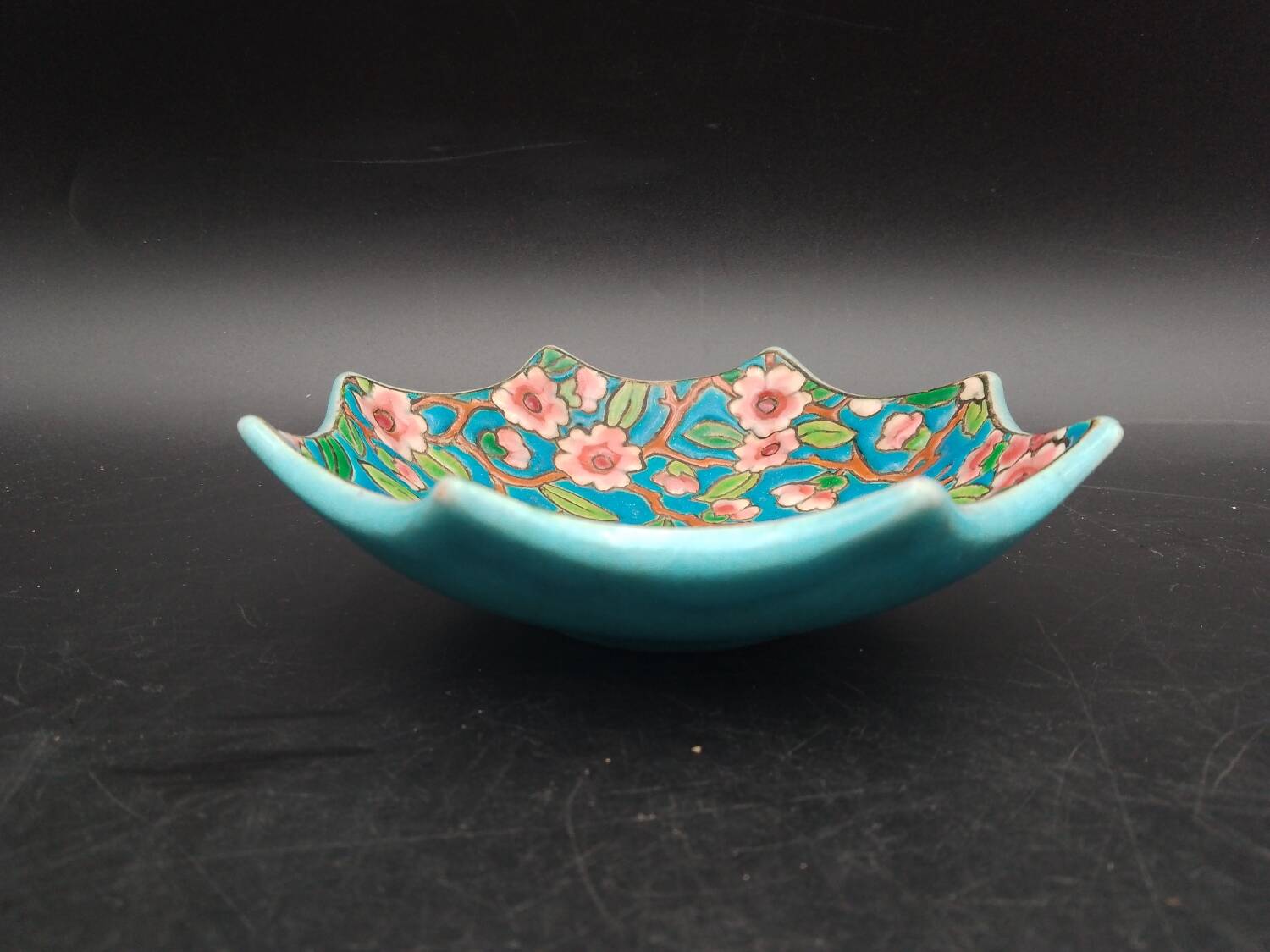 Longwy Enamel Bowl Octagonal apple blossoms circa 1930
