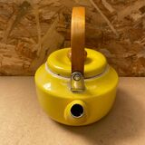 Antique michael lax teapot for copco yellow enameled metal + wooden handle #b274