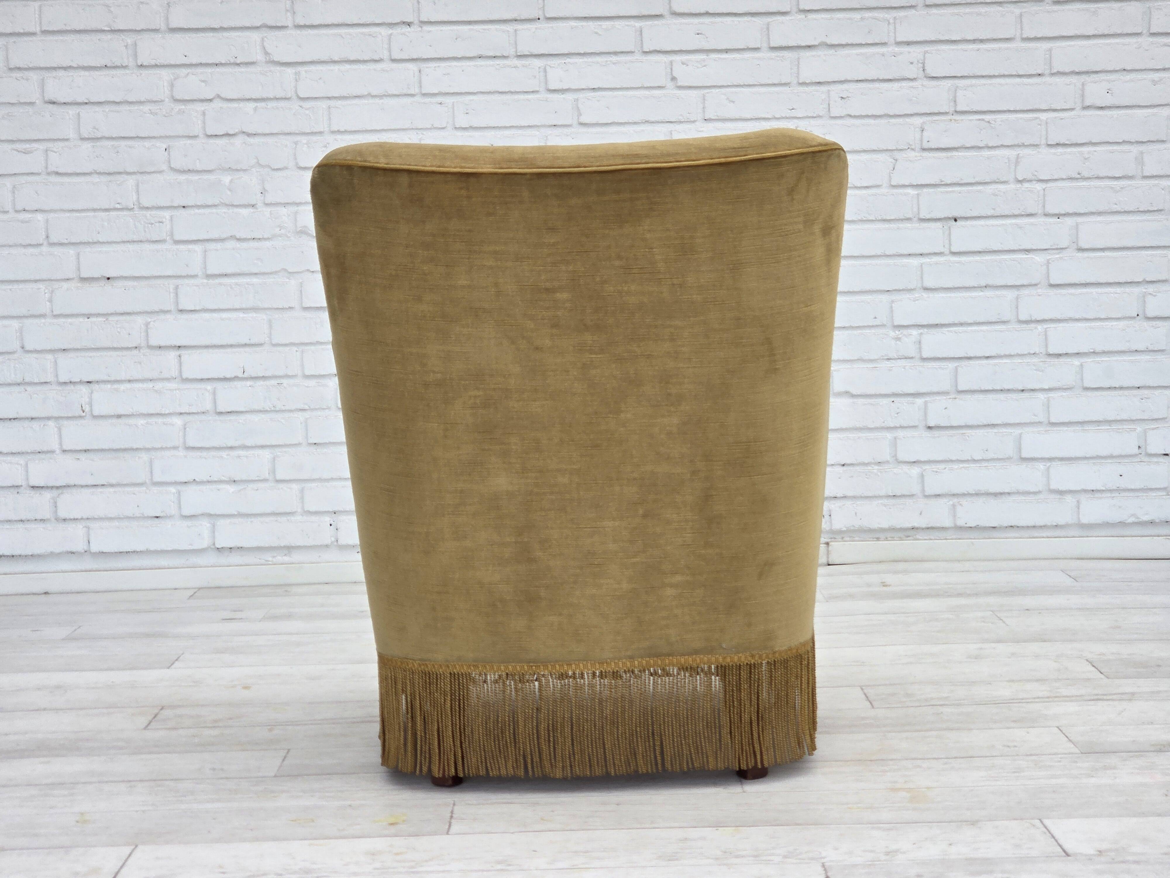1970s, Danish lounge chair, light green furniture velour, beech wood.