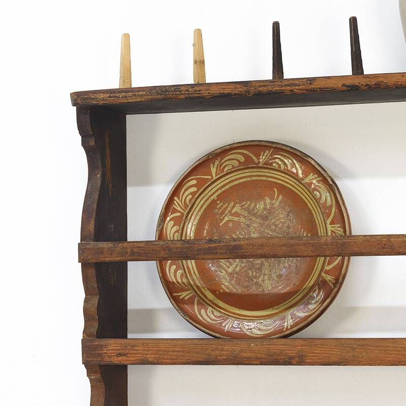 Antique Rustic Farmhouse Folk Art Kitchen Plate Rack / Schelves