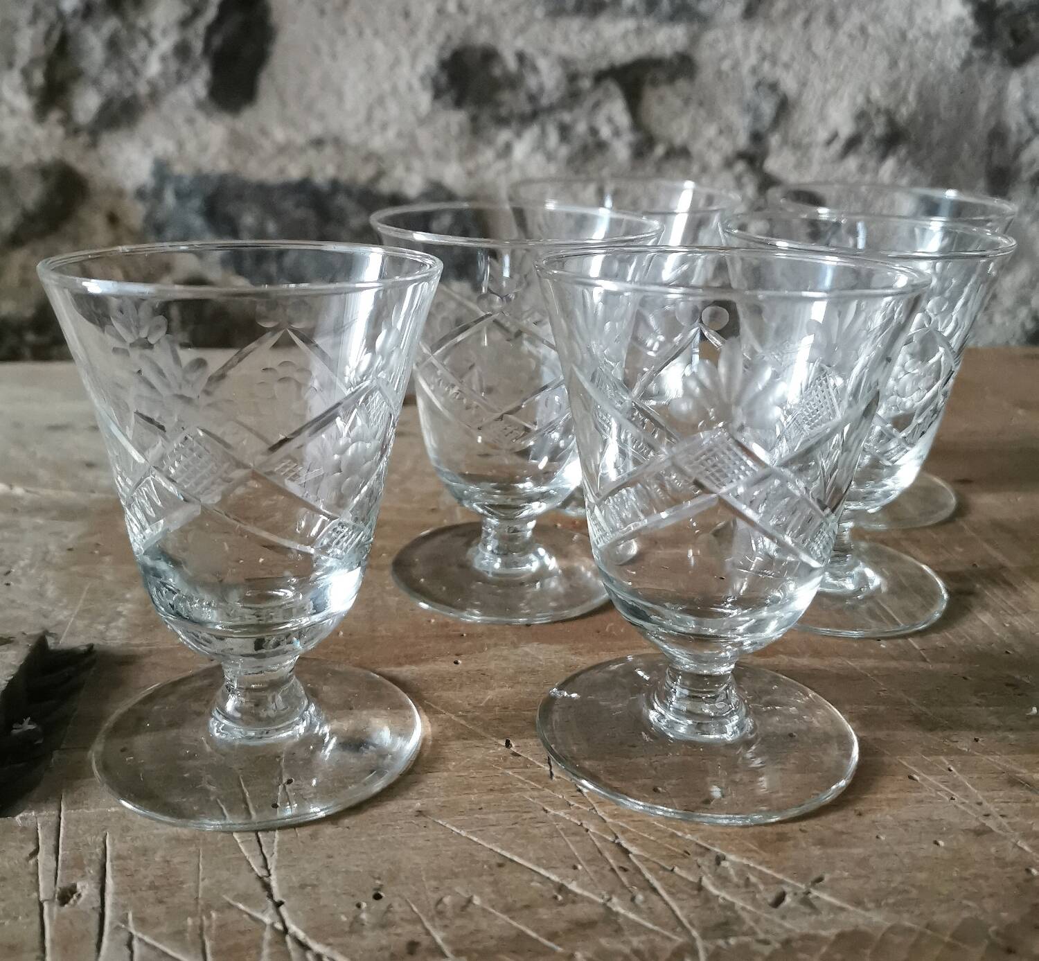 6 Chiseled Crystal Glasses, 1950s