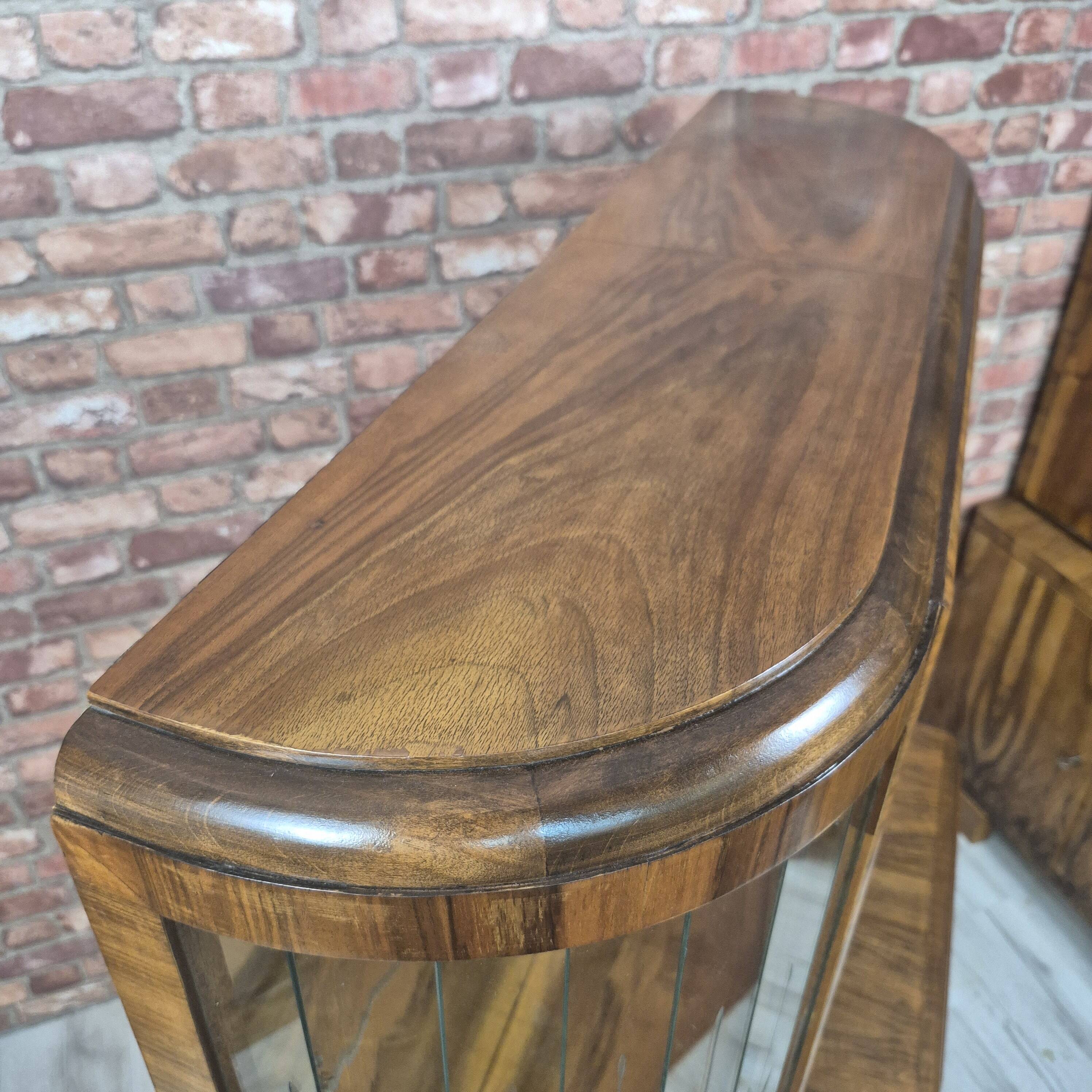 Restored Art Deco Walnut Display Cabinet with Engraved Glass Slats - 1930s