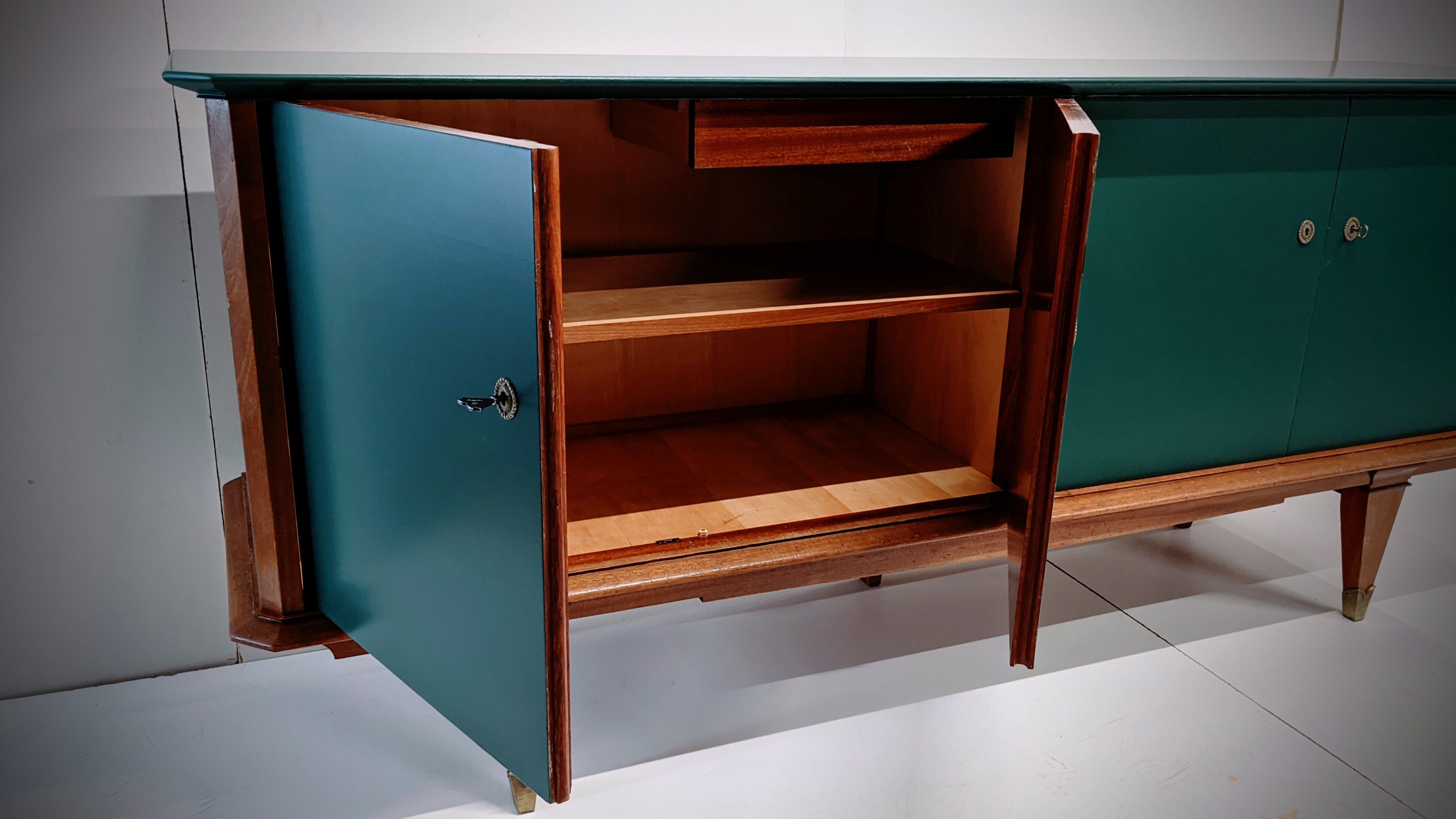 Vintage wooden low sideboard, compass feet