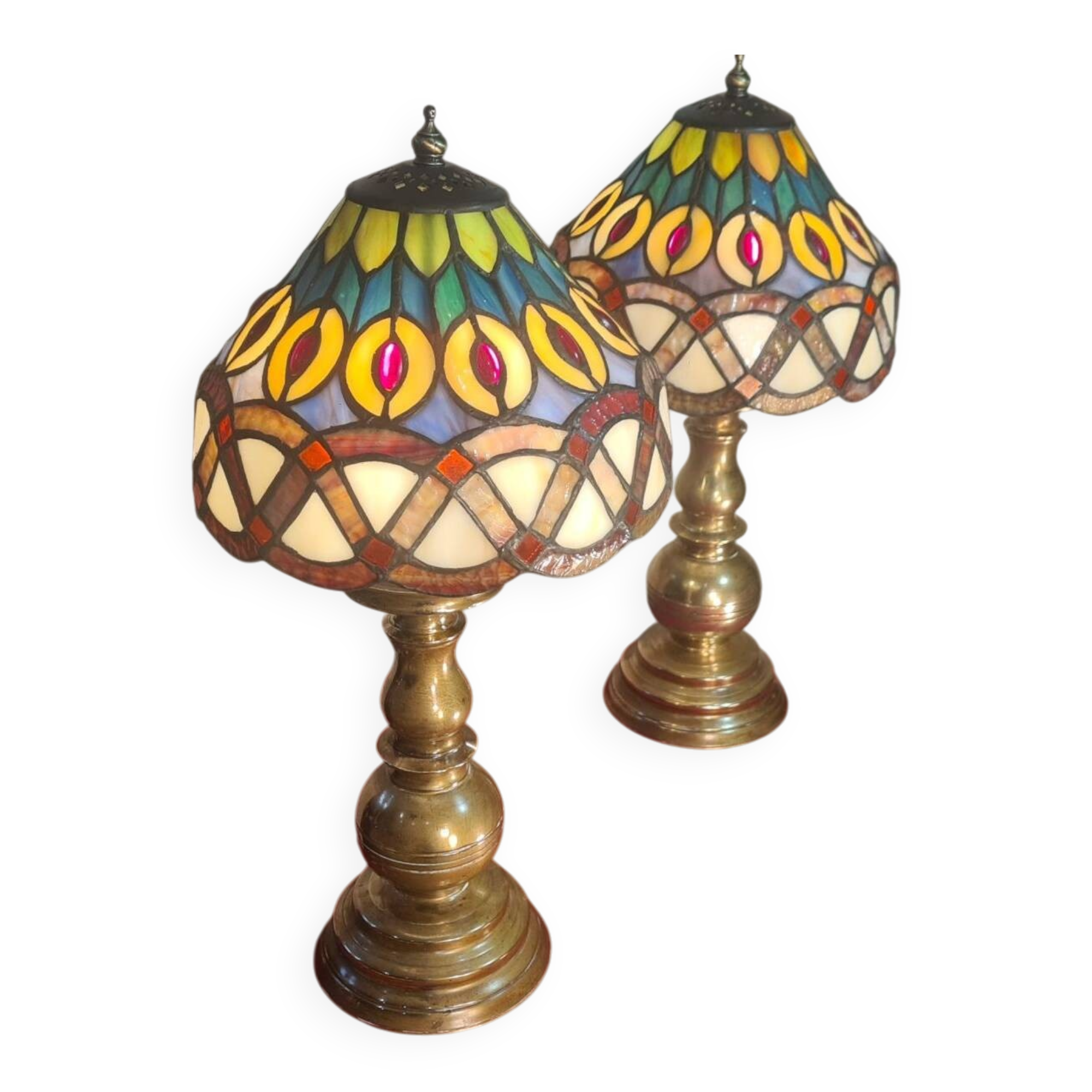 Pair of antique brass lamps with glass in Tiffany style.