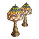 Pair of antique brass lamps with glass in Tiffany style.