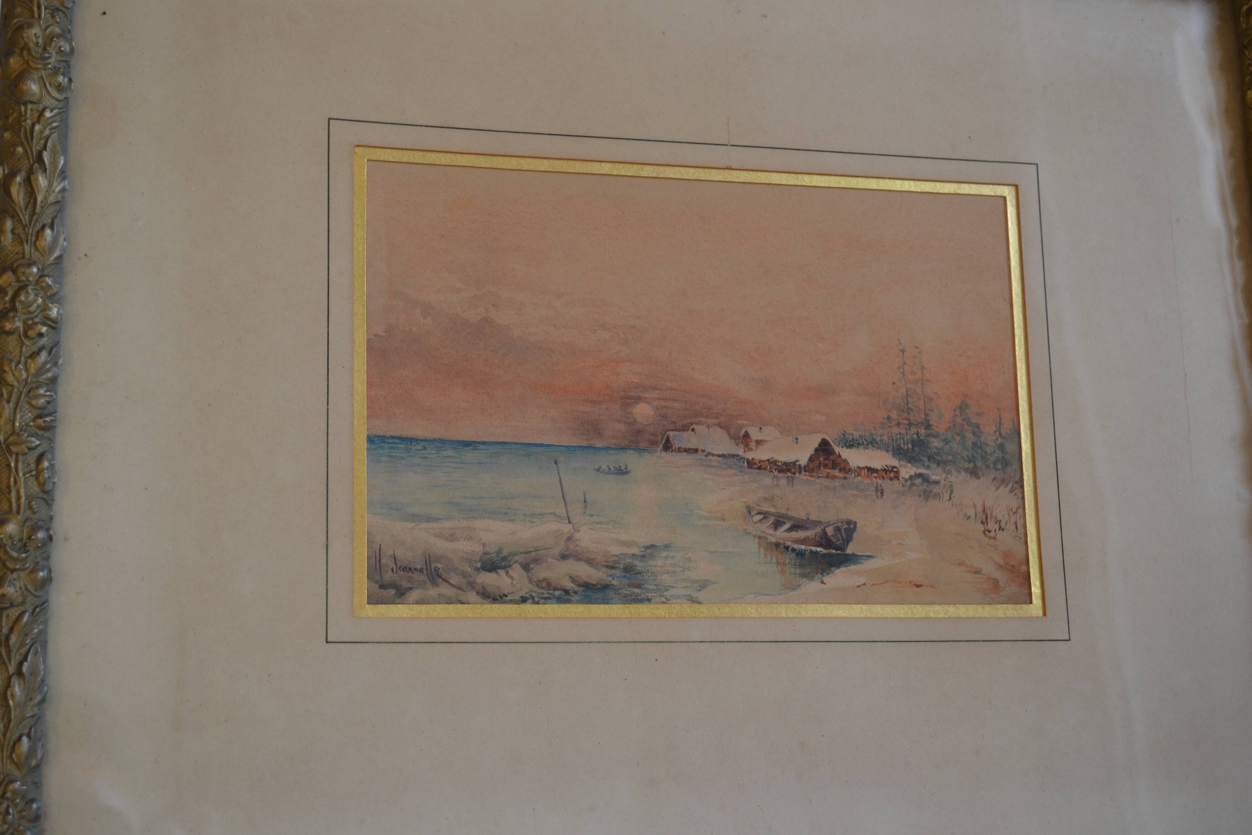 Old watercolor painting of seaside landscape signed H. Jeannolle 19th century