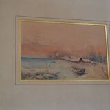 Peinture à l'aquarelle ancienne paysage de bord de mer signé H. Jeannolle XIXe s