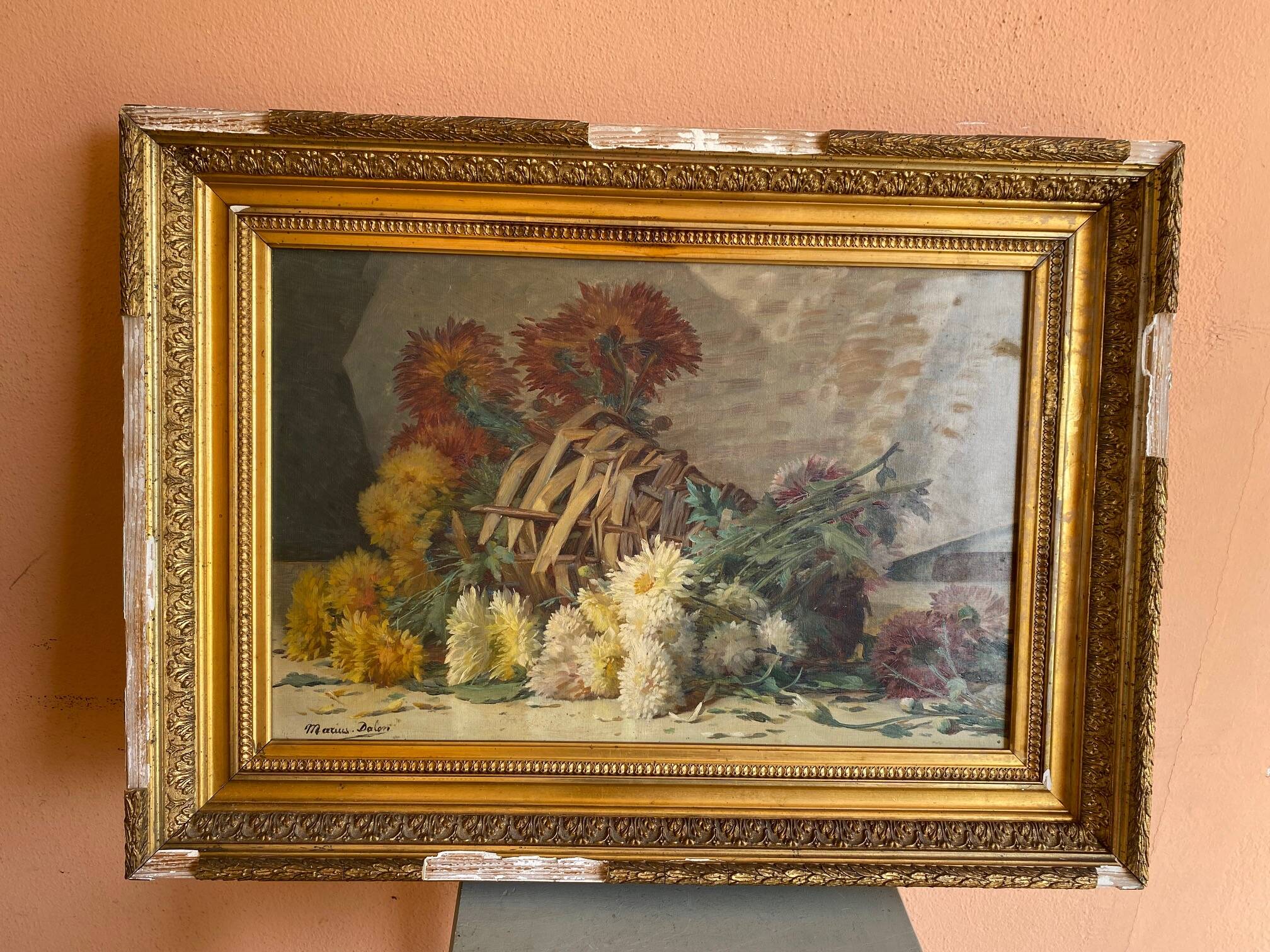 STILL LIFE BOUQUET OF DAHLIAS OIL PAINTING SIGNED MARIUS DALON EARLY 20TH CENTURY