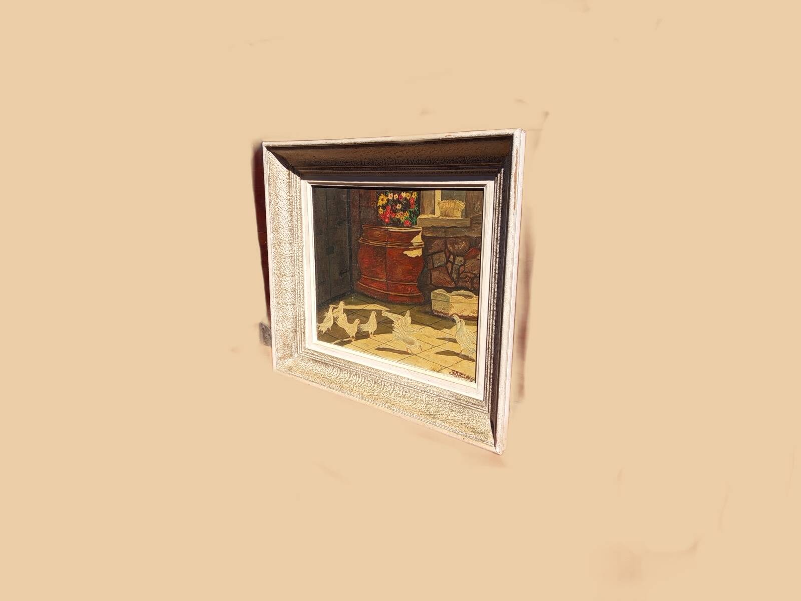 Signed Alphadery Painting – Doves in a Sunlit Courtyard, Antique Frame