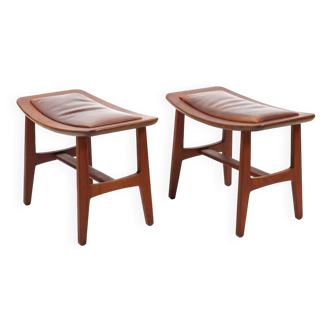 Pair of Danish Stools in Teak and patinated Leather 1960s