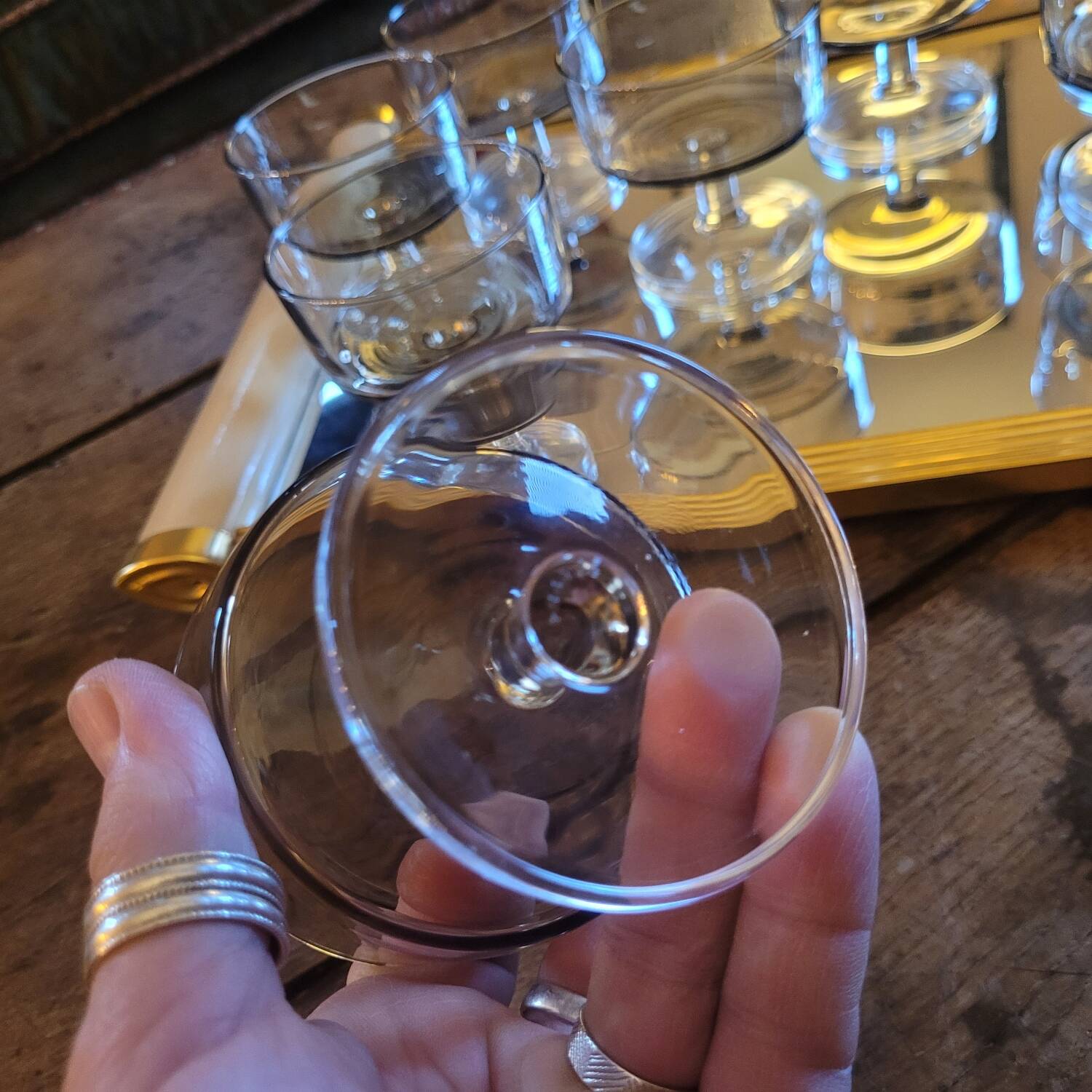 Set of 8 smoked and clear glass cups from the 70s, 80s.