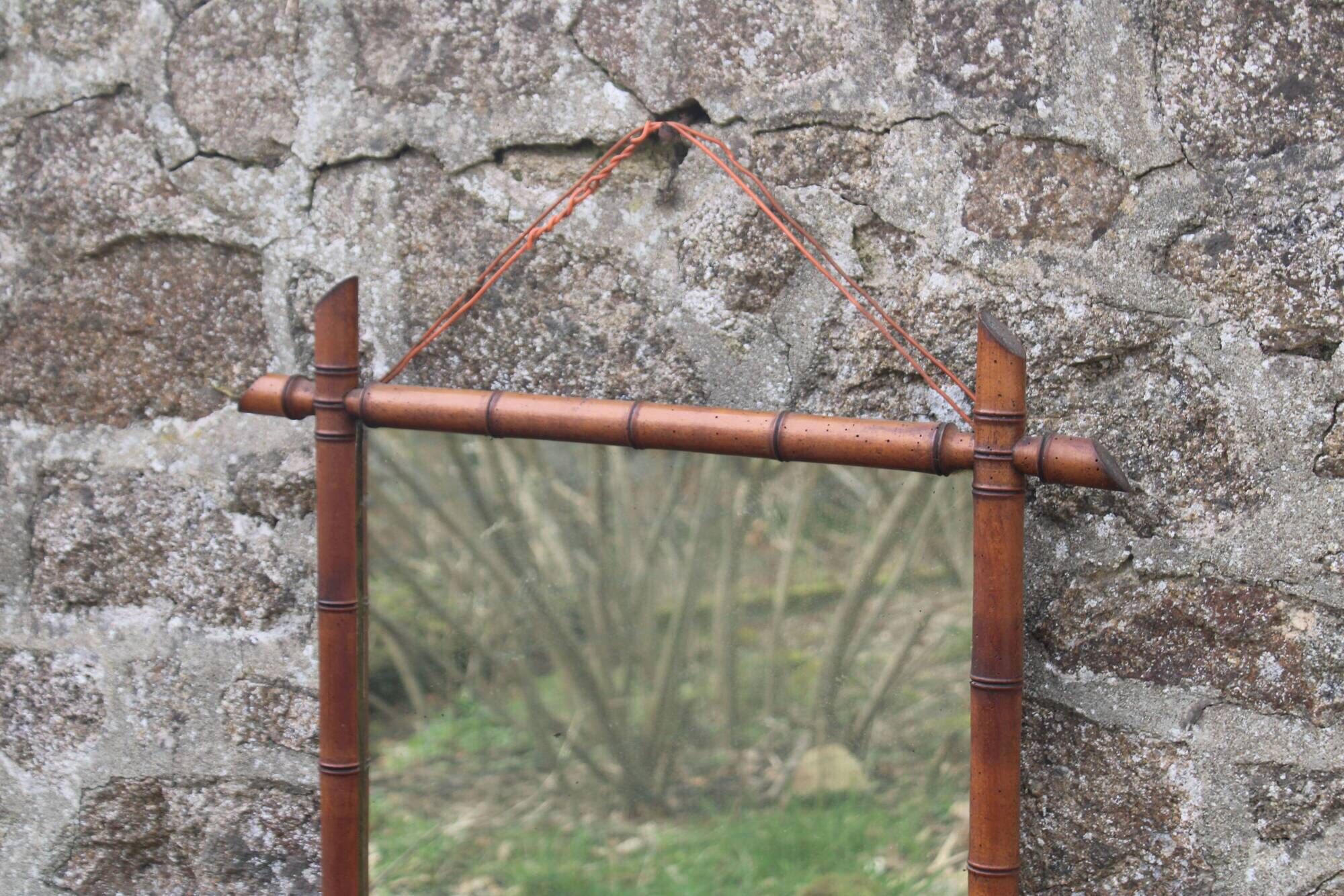 Vintage wooden turned mirror in bamboo style – 1950s/60s