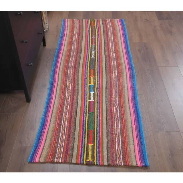 Vintage Turkish Hand-Knotted Wool Cotton Beige Kilim Runner Rug 76x198