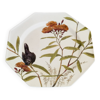 Antique 10" octagonal plate foliage bird Mintons ESSEX BIRDS 1880