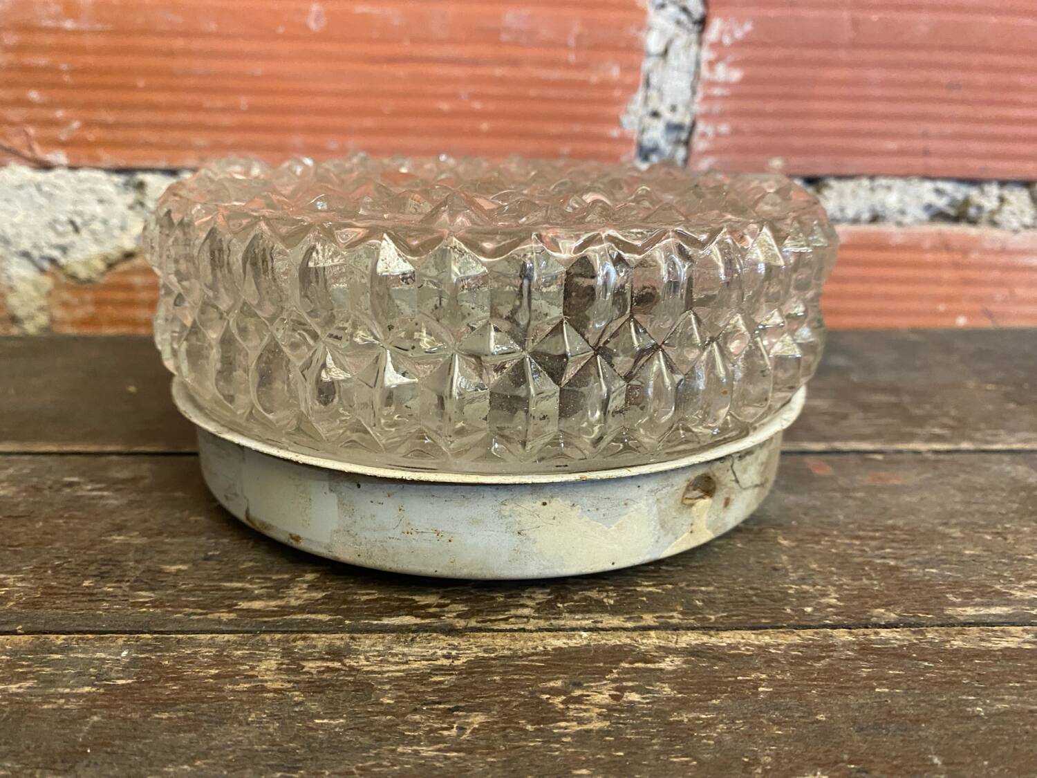 Old Ceiling Light Wall Fixture Moulded Glass + White Metal Support Years