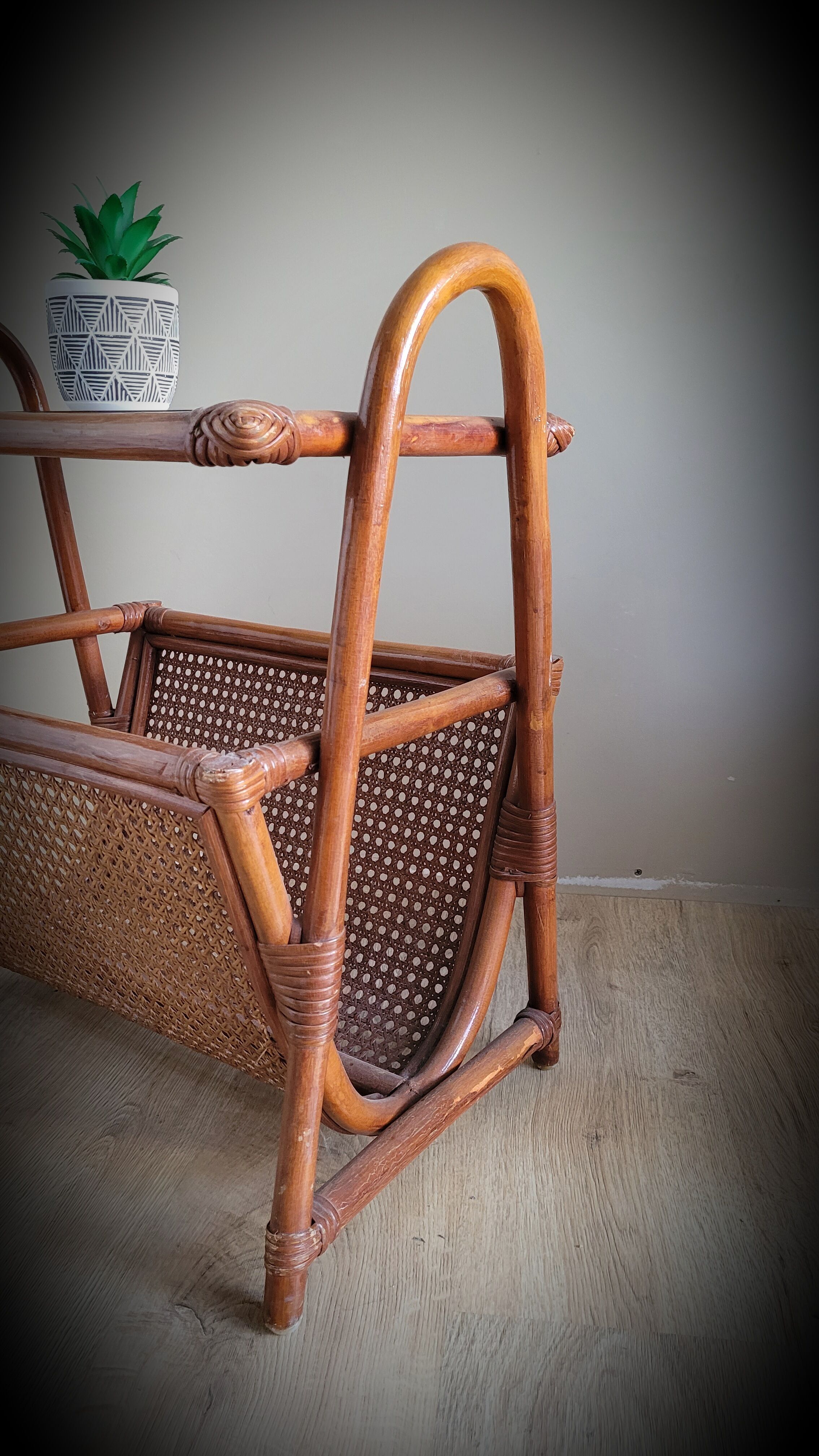Braided rattan side table and smoked glass