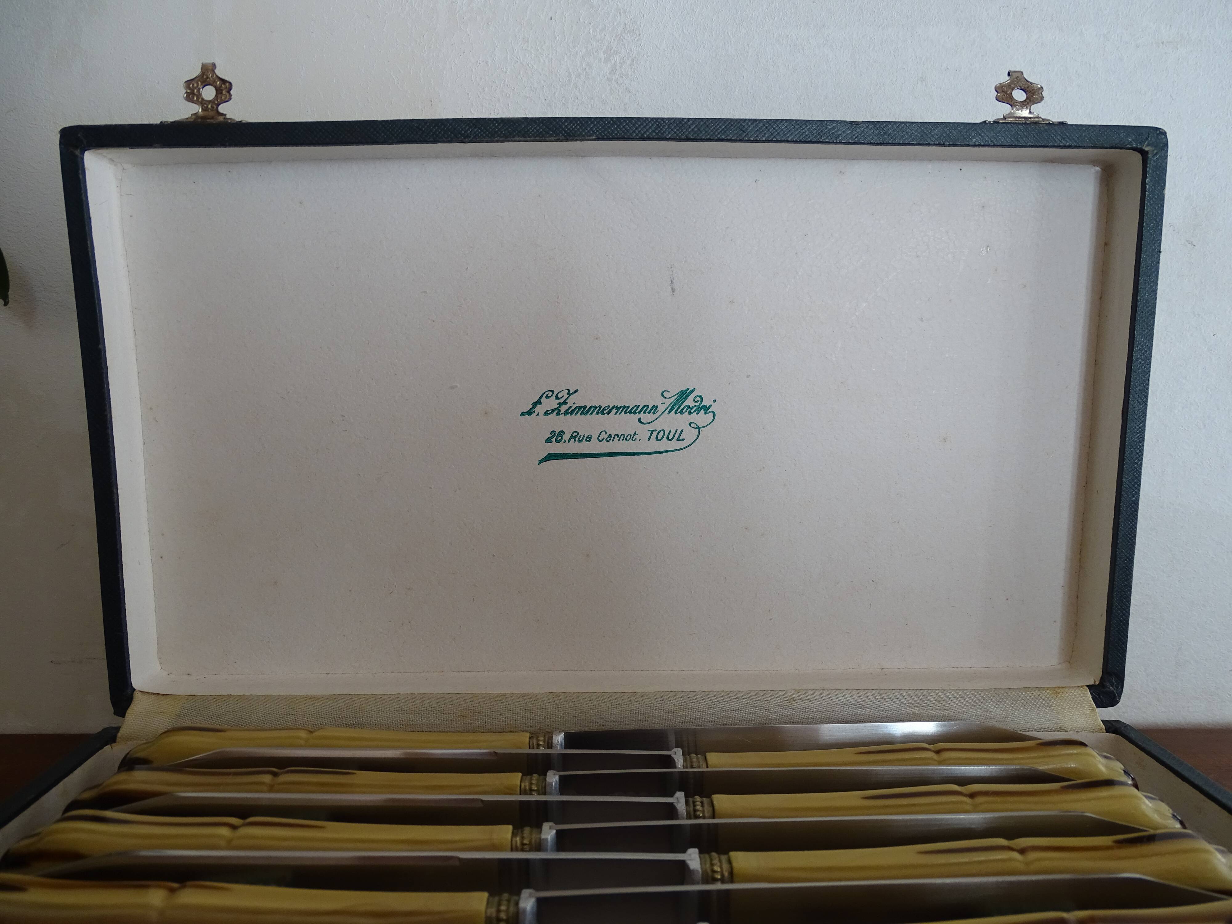 12 Art Deco knives stainless steel and bone 1930 in case