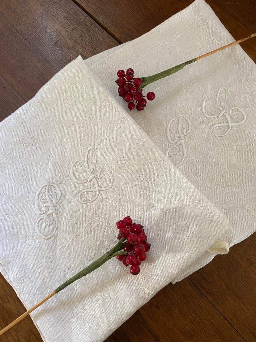 Damask cotton tea towels monogram LP.