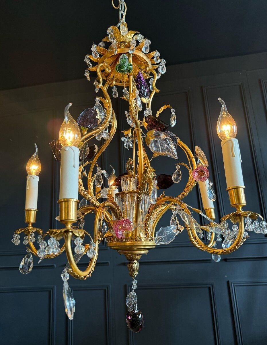 Lustrous pagoda from Maison Baguès in gilded bronze with a decoration of flowers and fruits in glass - 20th century