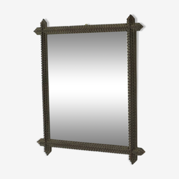 Miroir d'art Tramp antique en bois laqué noir Art populaire ca1900